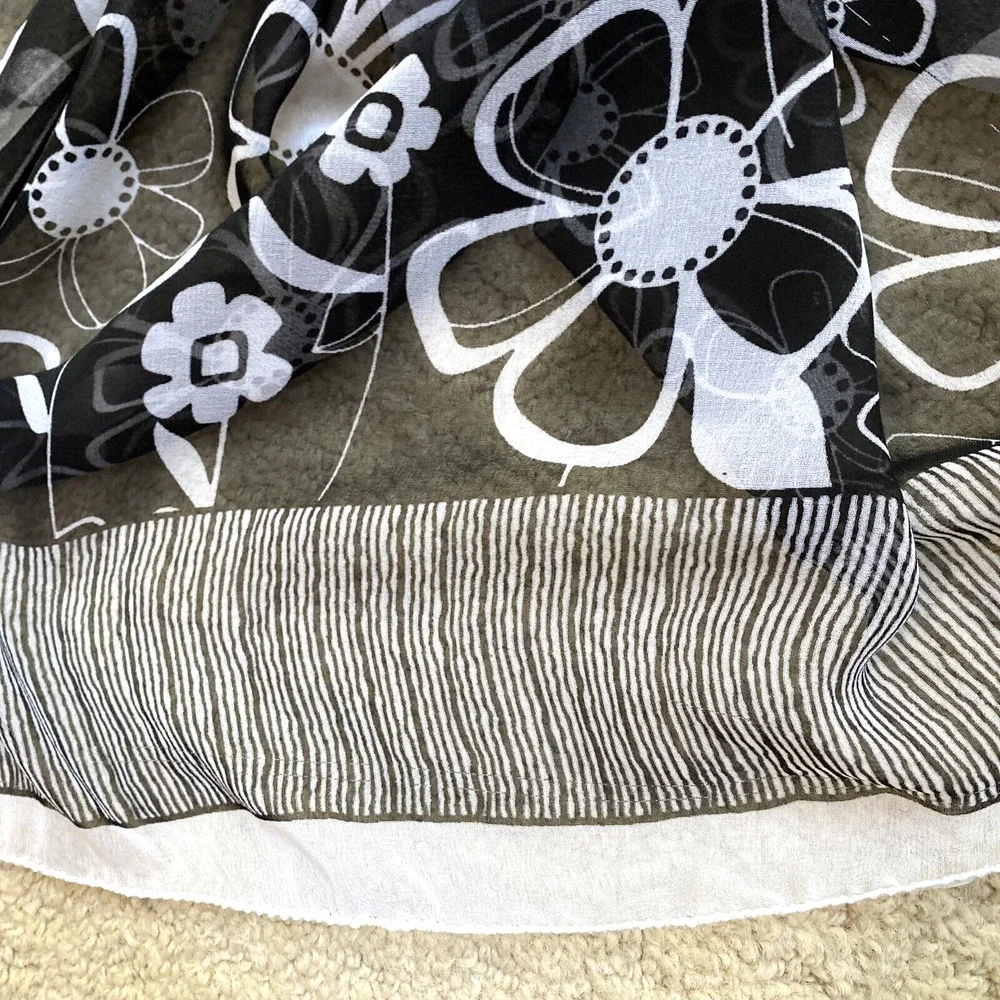 Sheer Black & White Wrap Shawl Scarf Pareo Large Rectangle Mod Flowers & Stripes